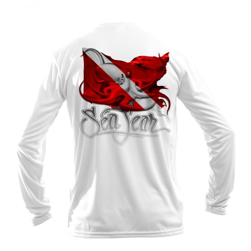 Sea Fear Men’s 50+ UPF Long Sleeve Rash Guard Scuba Snorkeling Octopus Dive Flag