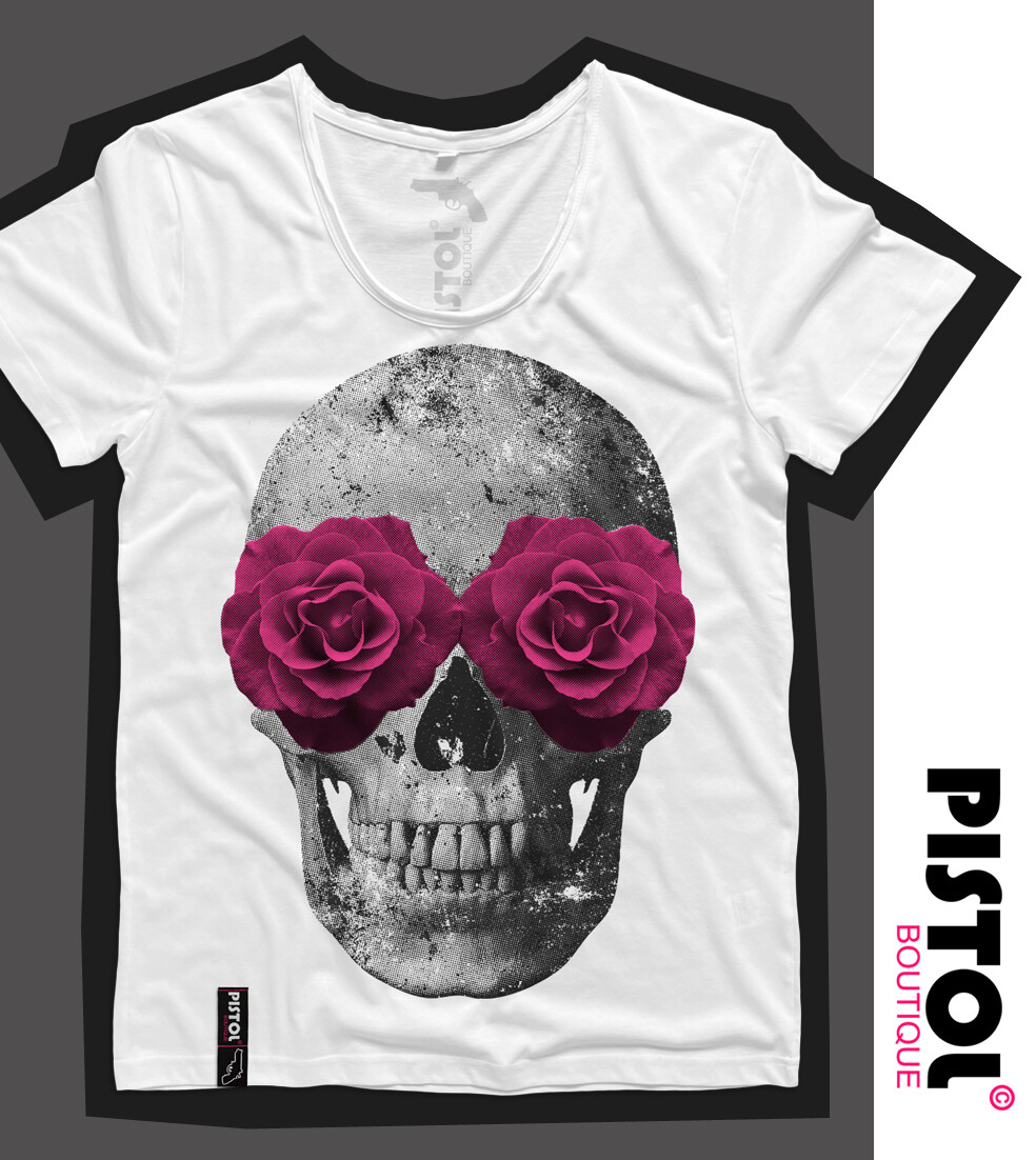 Pistol Boutique Men’s Fitted White Round Scoop Neck ROSE EYES SKULL T-shirt