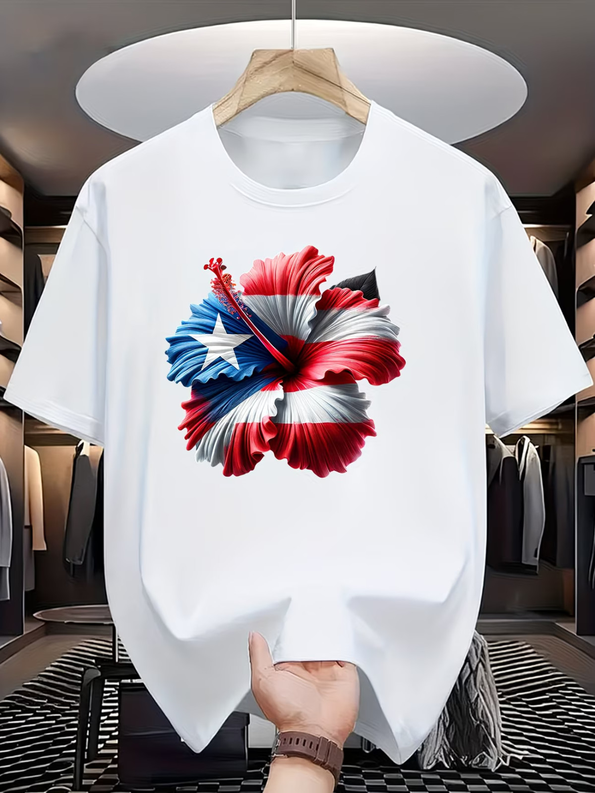 Puerto Rico Flag Hibiscus Flower T-Shirt – Vibrant Patriotic Design, Breathable