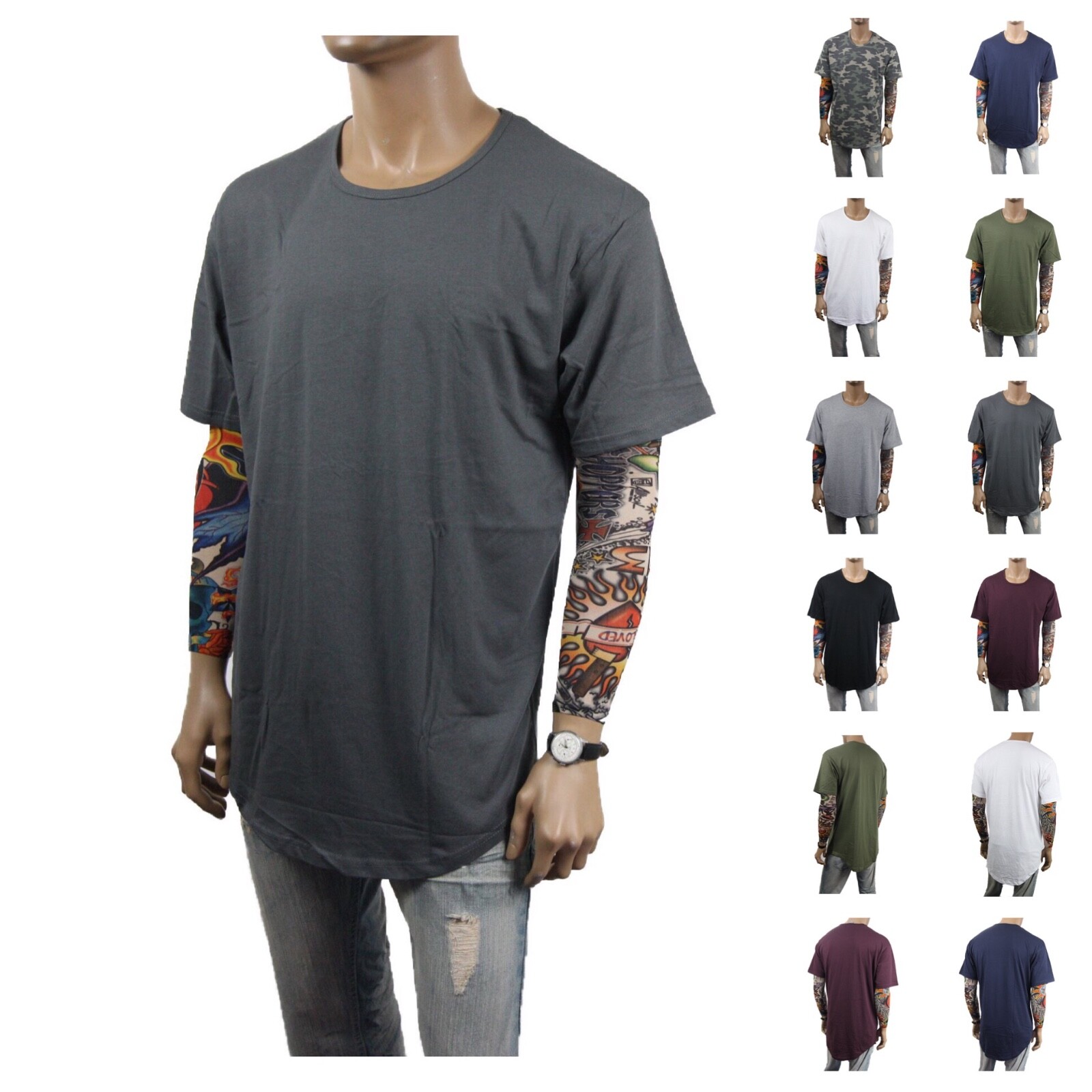 New Mens T-Shirt Long Extended Fashion Lightweight Tee Casual Hipster Crew Neck