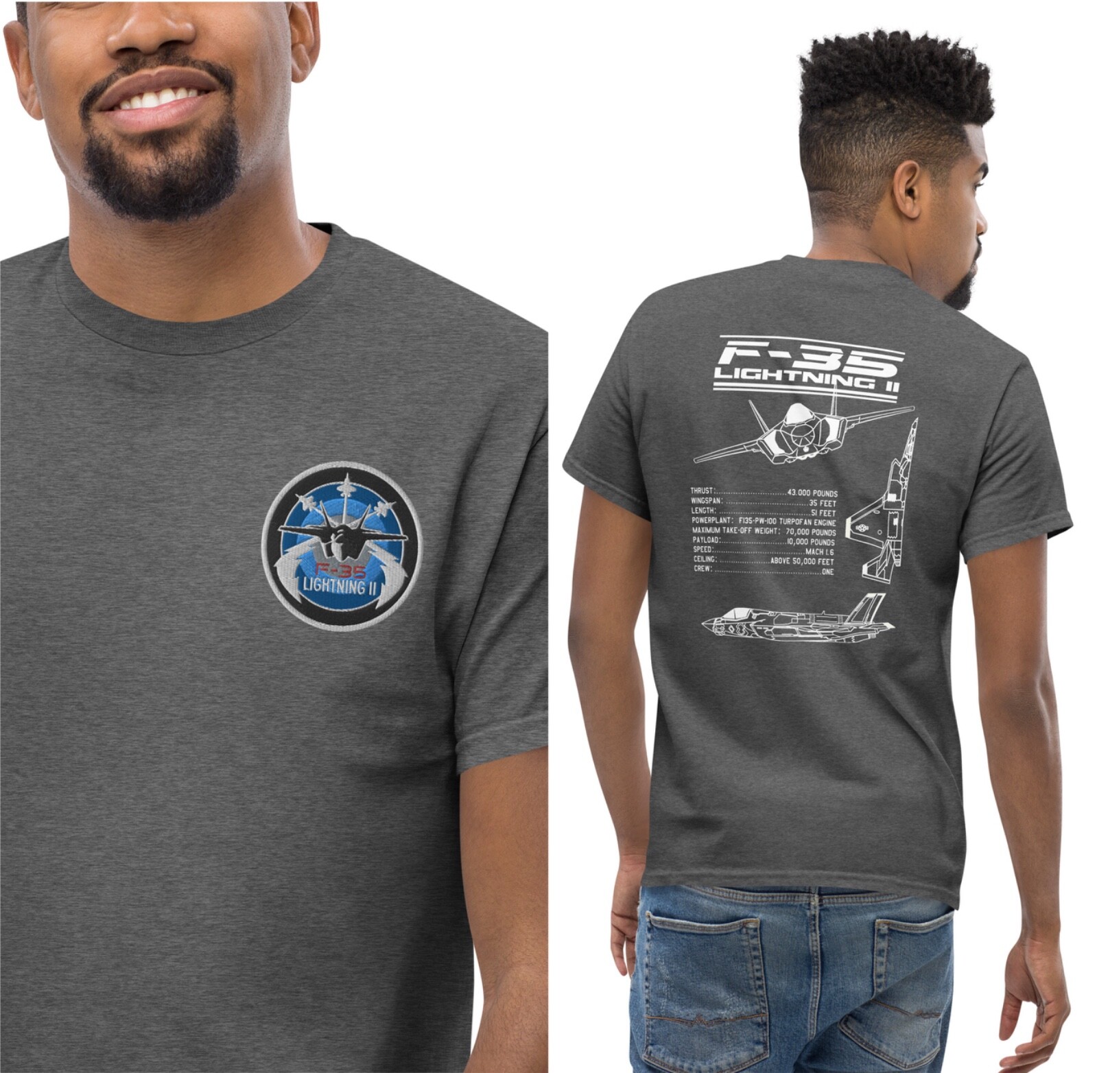 F-35 Lightning II Fighter Jet T-Shirt Embroidered Logo and Infographic Design