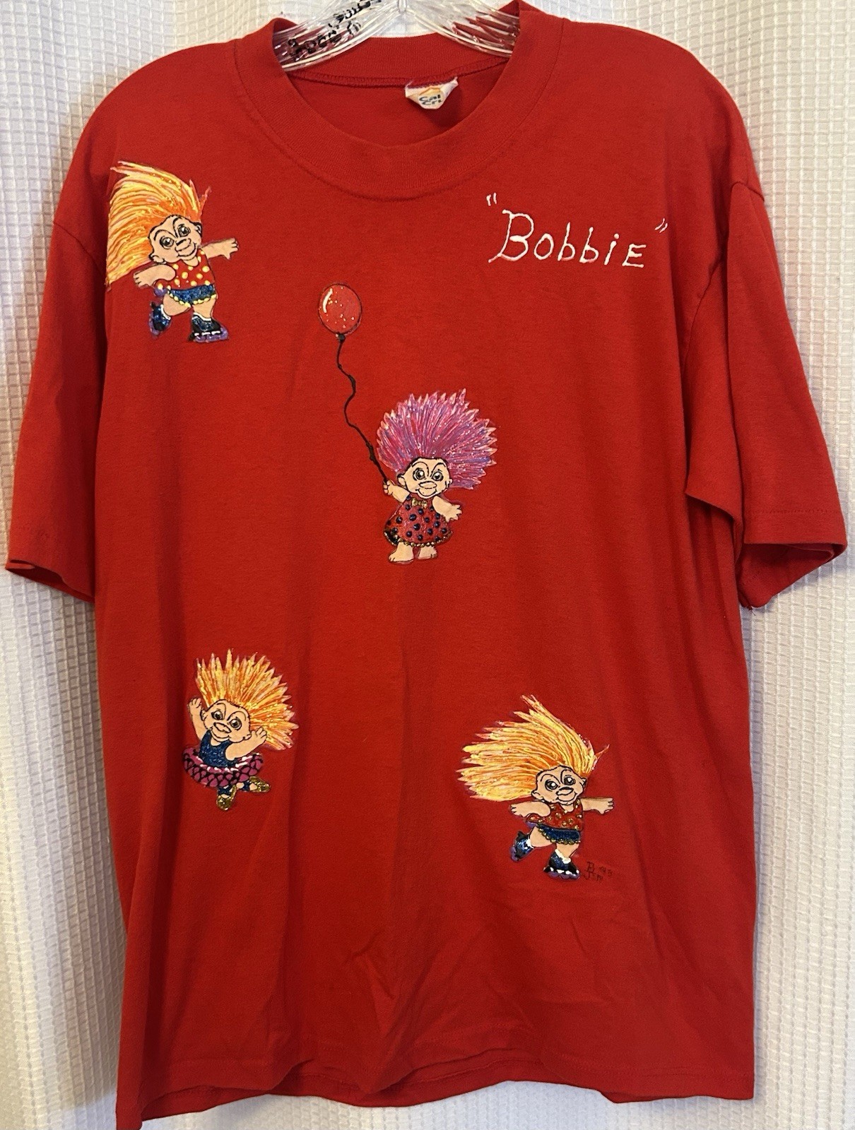VTG 90s Hand painted Treasure Trolls Red T-shirt Size Large