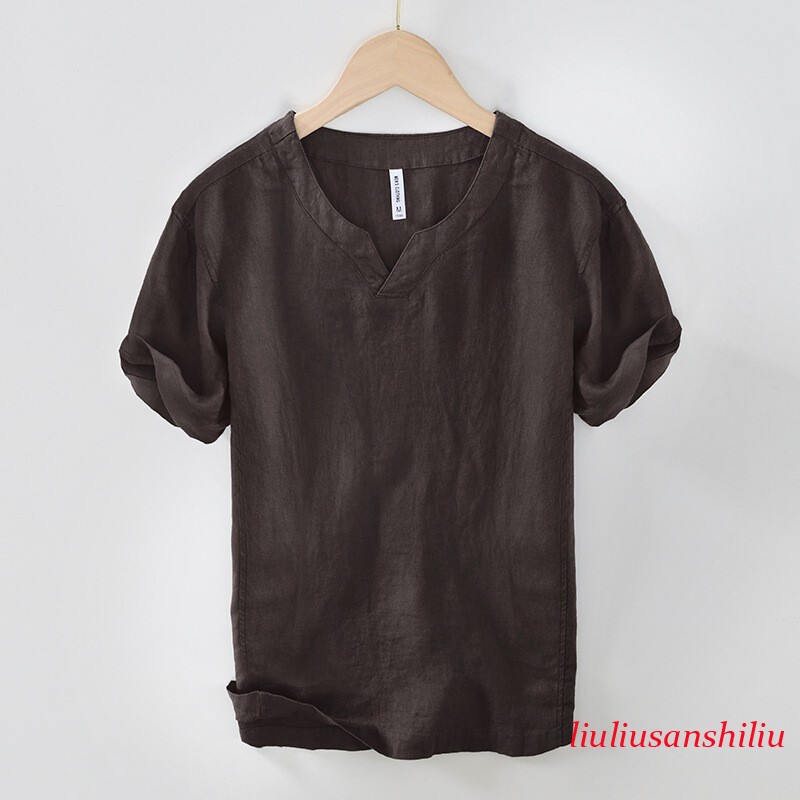 Men 100% Linen T-shirt V Neck Summer Short Sleeves Retro Tops Casual Undershirt