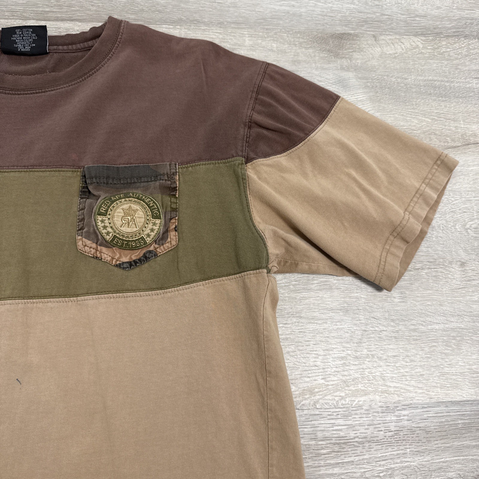 Red Ape Shirt Men’s 2XL Brown Colorblock Distressed Pocket Tee Cotton