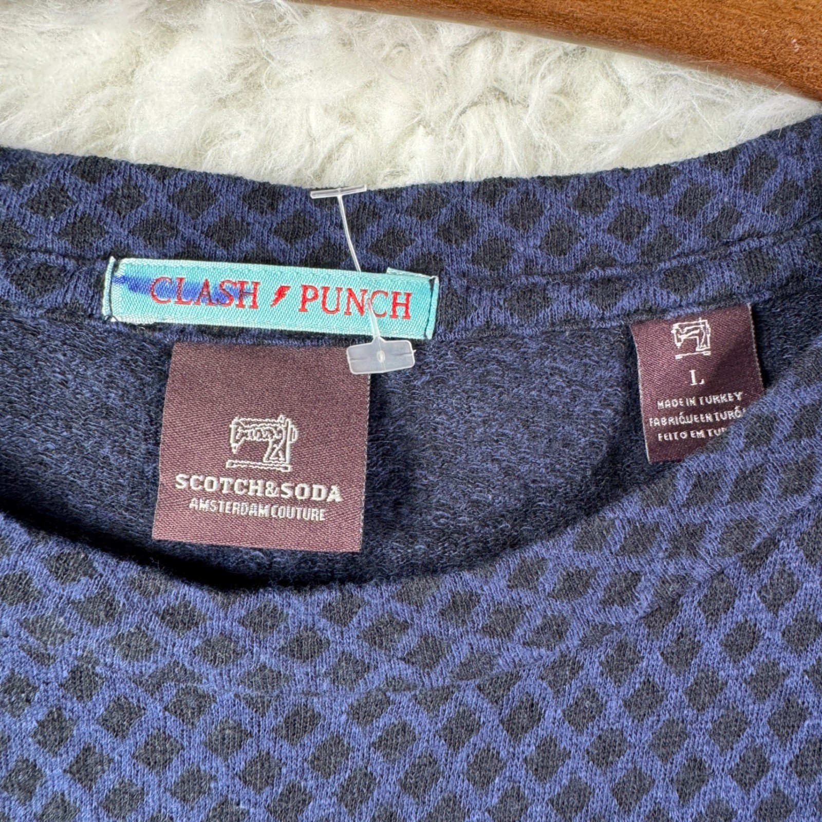 Scotch Soda Amsterdam Mens L Navy Blue Textured Diamond Pattern Pocket T Shirt