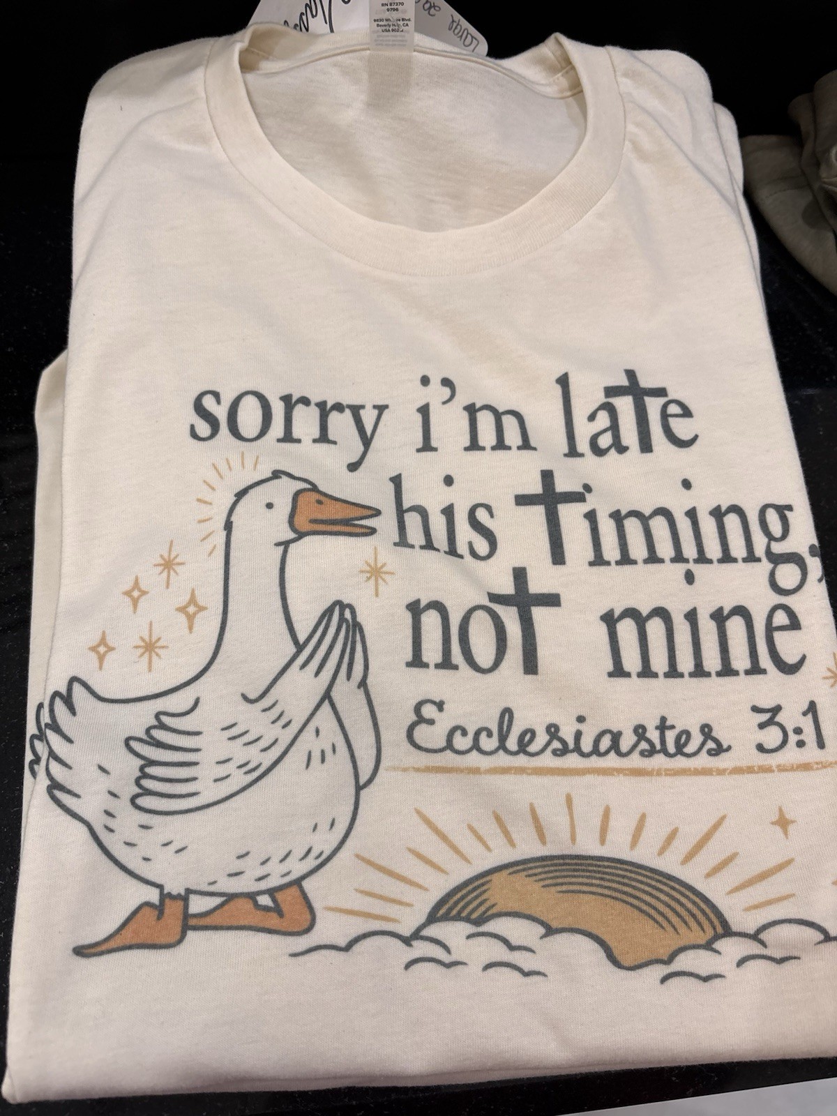Beige Graphic Print T-Shirt Short Sleeve “Sorry I’m Late” XS S M L XL 2X 3X