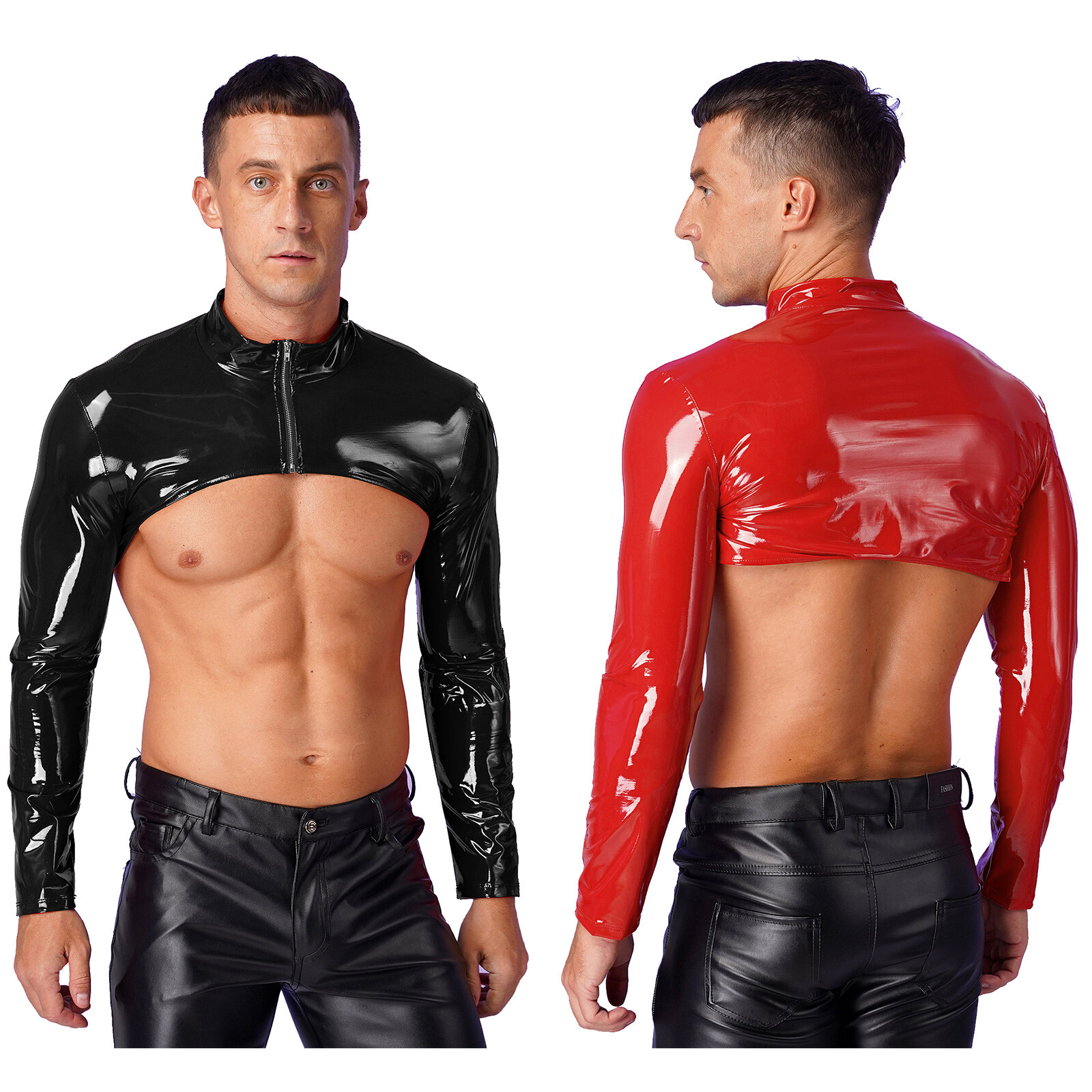 Mens Patent Leather Long Sleeve Tank Top Zipper Half Shrug Muscle Nightclub Tops