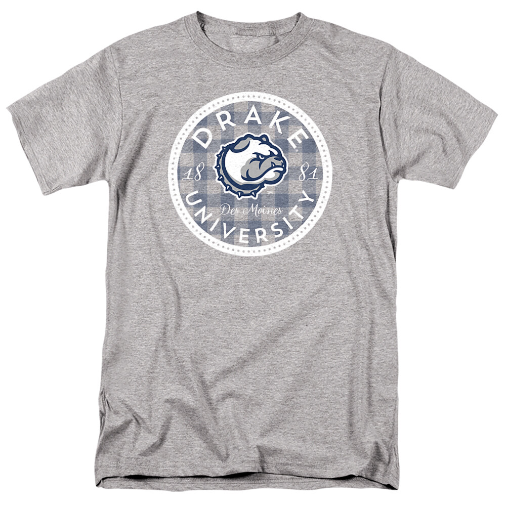 Drake University Adult T-Shirt Plaid Badge, Athletic Heather, S-5XL