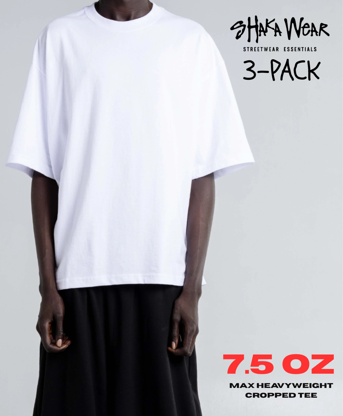 3-PACK Shaka Wear 7.5oz Heavyweight Cropped T-Shirt Boxy Tee Unisex WHITE