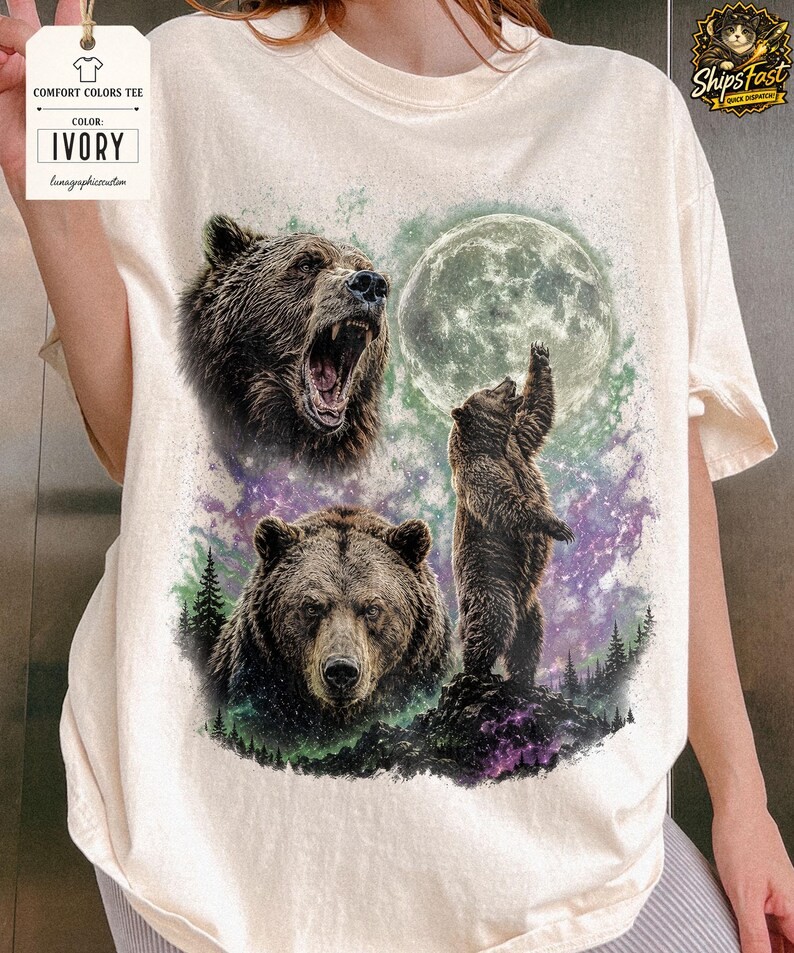 Bear Howling Moon Wildlife Animal Nature Graphic Soft Cotton Comfort Tee Gift