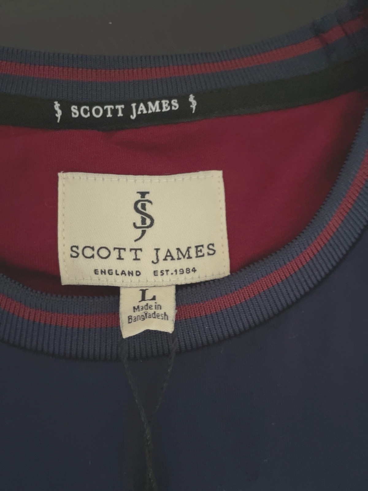 NWT SCOTT JAMES ENGLAND Ringer T-Shirt Embroidered Logo Stripe Accents Men’s L