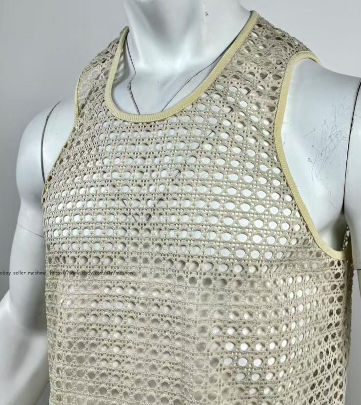 Mens Knitted Crochet Tank Tops Summer Hollow Sleeveless T-shirt Scoop Neck Shirt