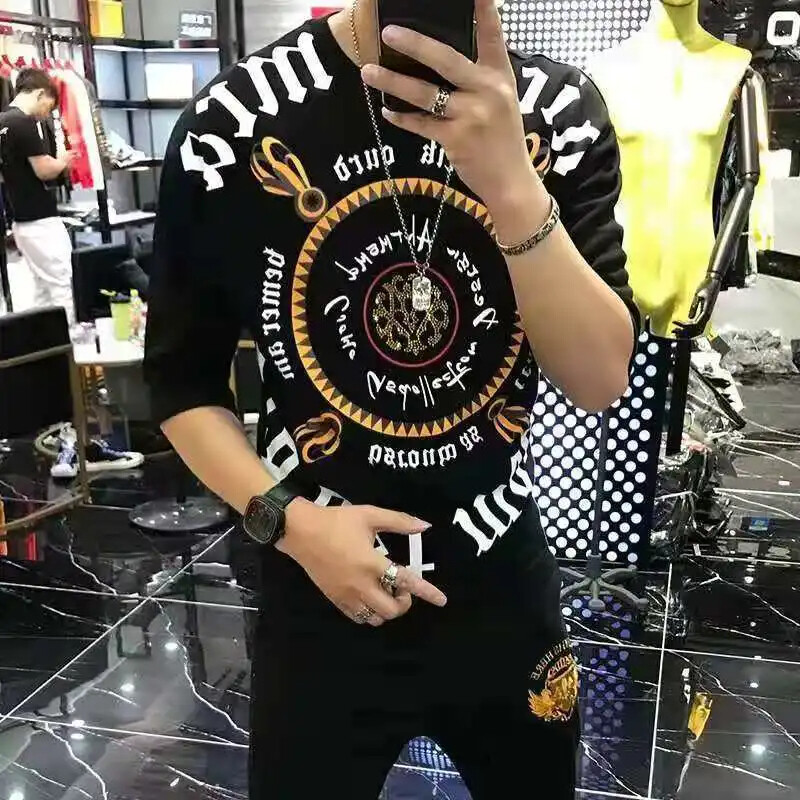 New Men Luxury Rhinestones Fashion Black Half-Sleeved T-Shirt High Quality