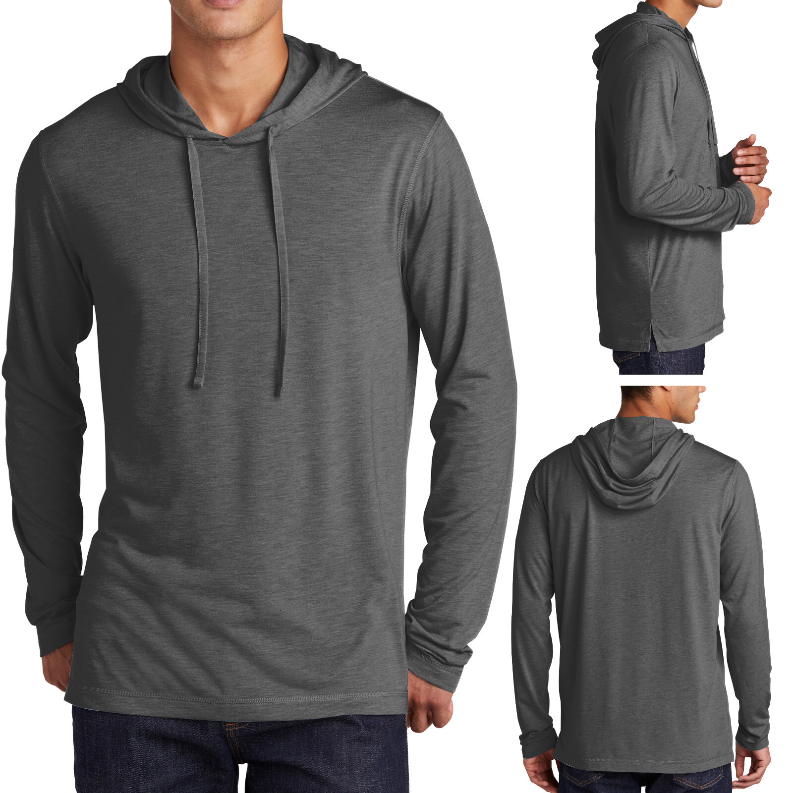 Mens Long Sleeve Tri Blend Hoodie T-Shirt Wicking Tee S, M, L, XL 2XL 3XL 4XL