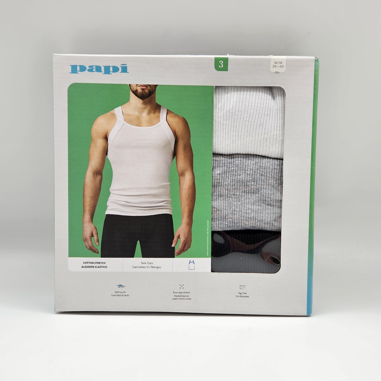 PAPI 3 Pk Mens M L Premium Cotton Modern Square Neck Tank Style Black Gray White