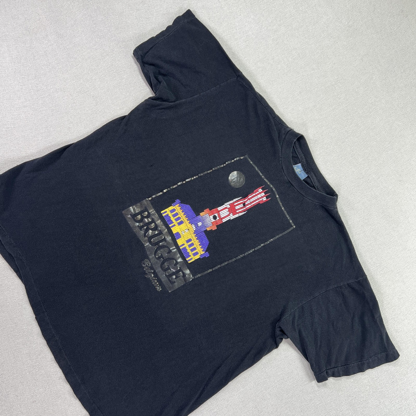 Vintage 90s Brugge Belgium Shirt Mens L Black Graphic Travel Souvenir T-Shirt