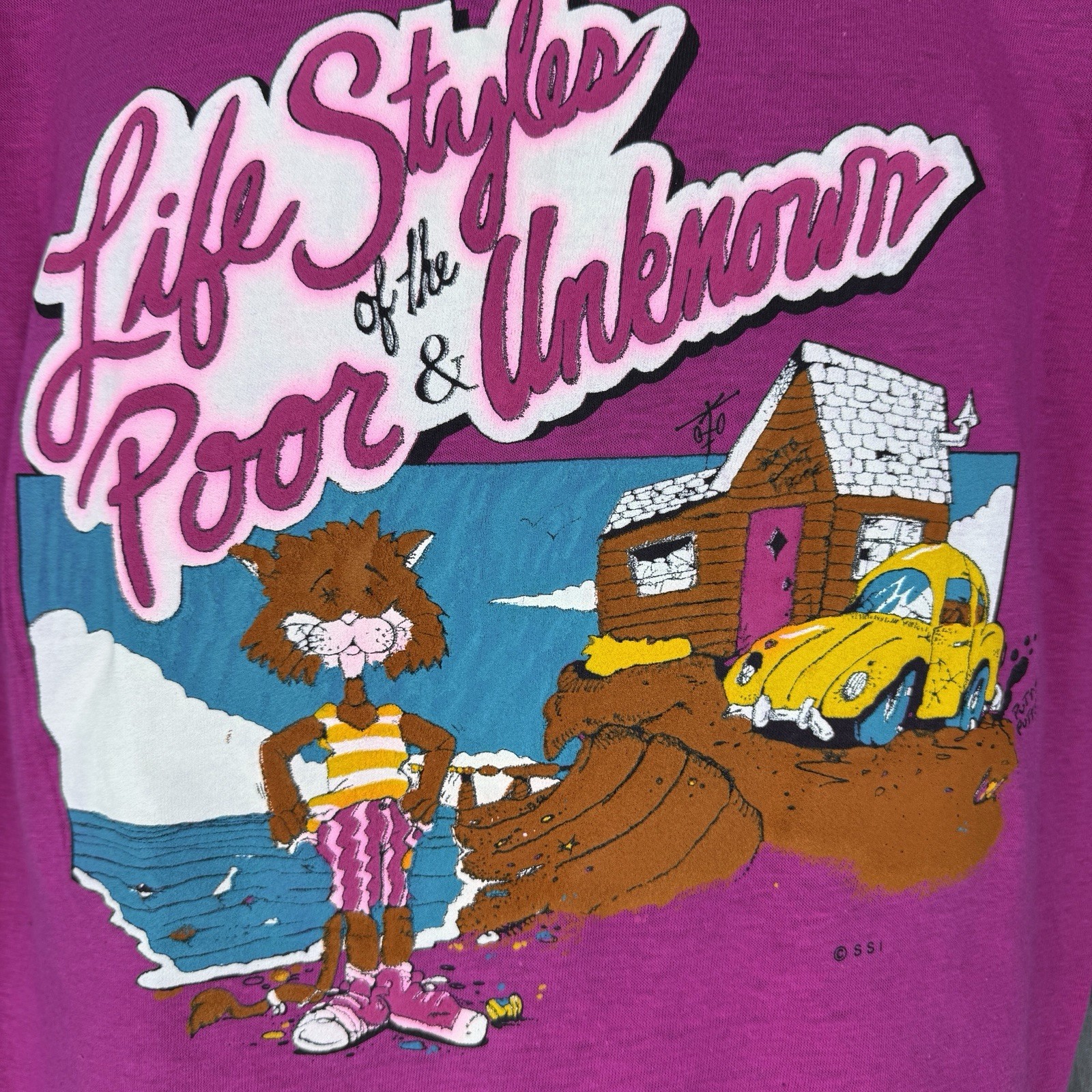 Vtg 80s Lifestyles of Poor & Unknown Top Half Tropix Pink Single Stitch Tee Sz L