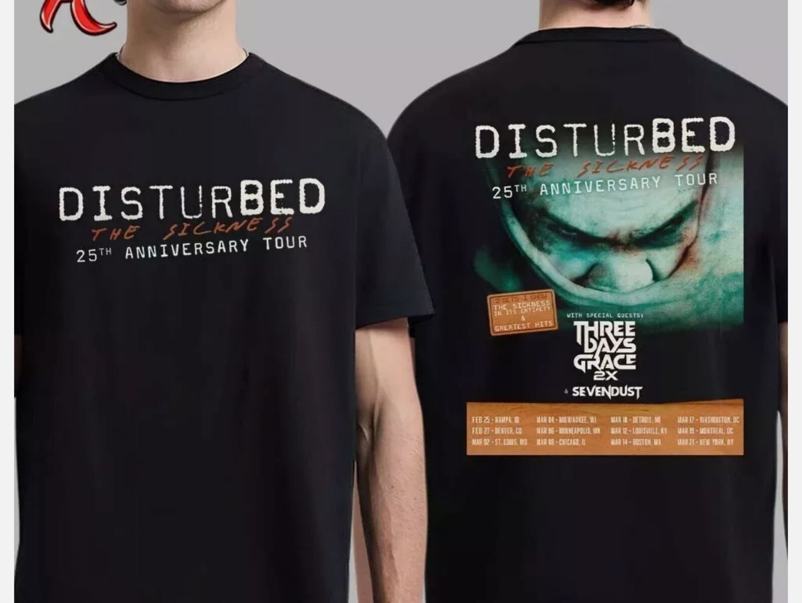Disturbed The Sickness 25Th Anniversary Tour Dates List 2025 S to 5X T-Shirt