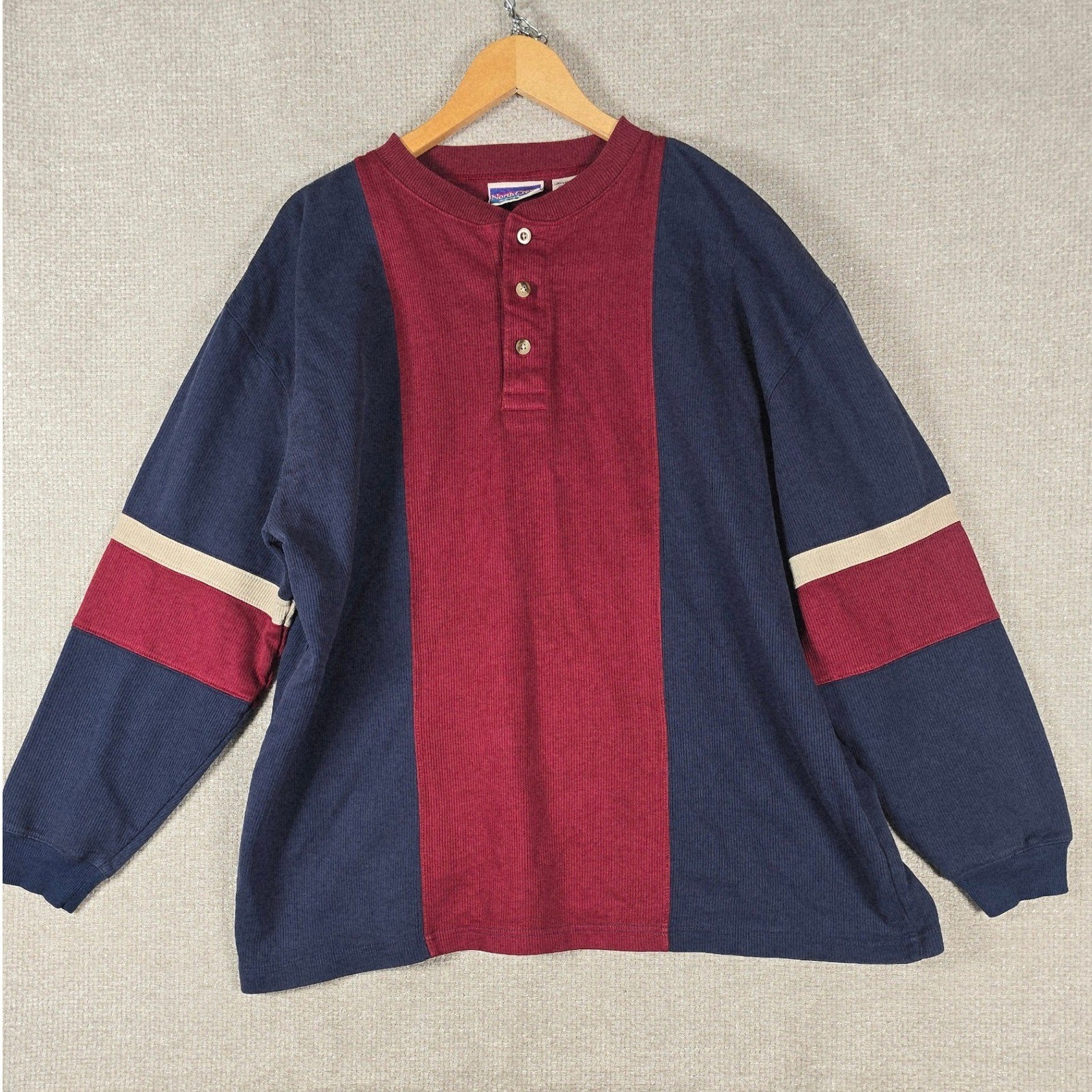 VTG North Crest Mens XL Henley Shirt Colorblock Ribbed Navy Burgundy Long Sleeve