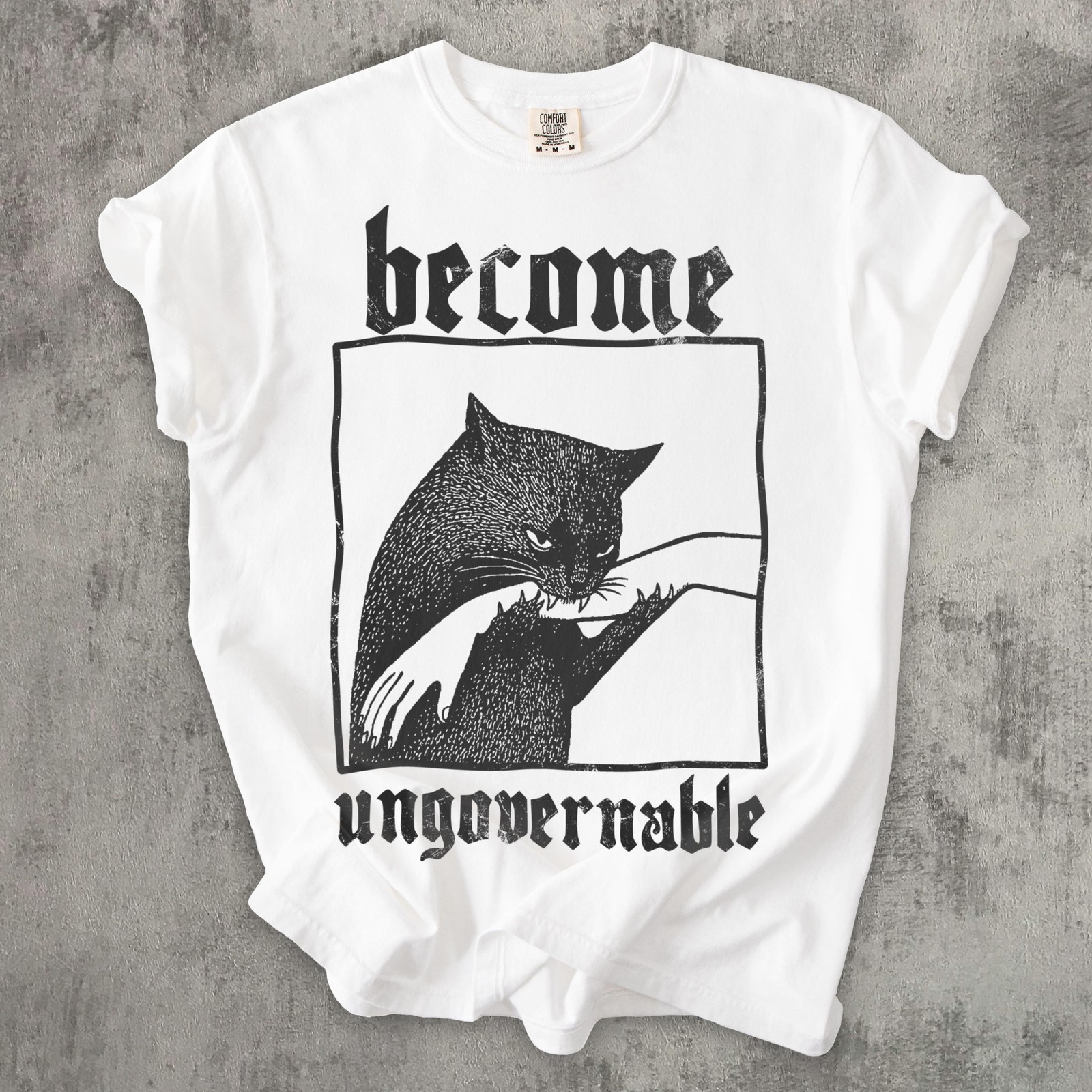 Become Ungovernable Cat Biting Hand Funny Graphic T-Shirt Unisex