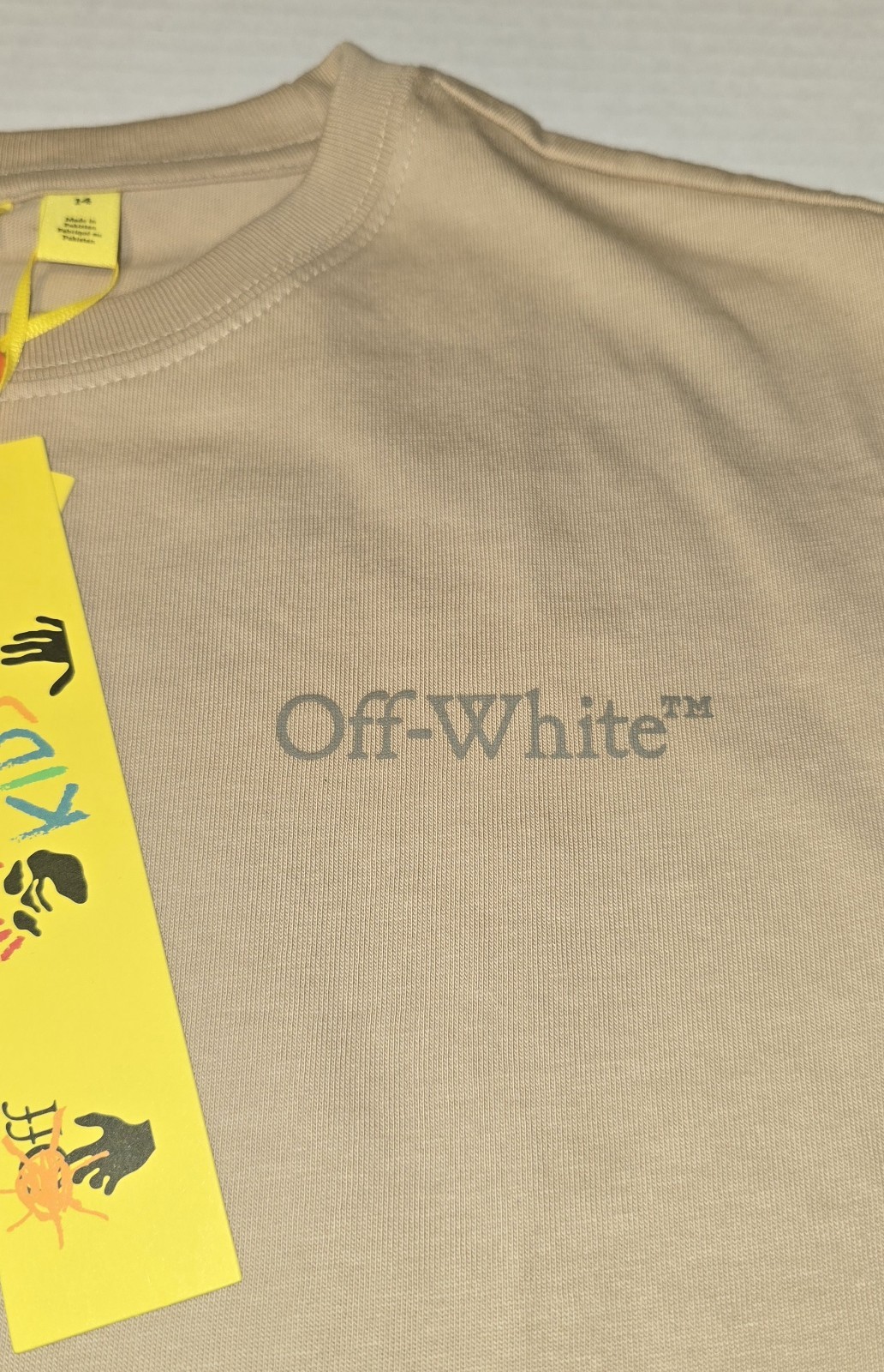 New Off-White Kids “Off Stitch” Cotton T-Shirt in a Beige/Sand Size (14)