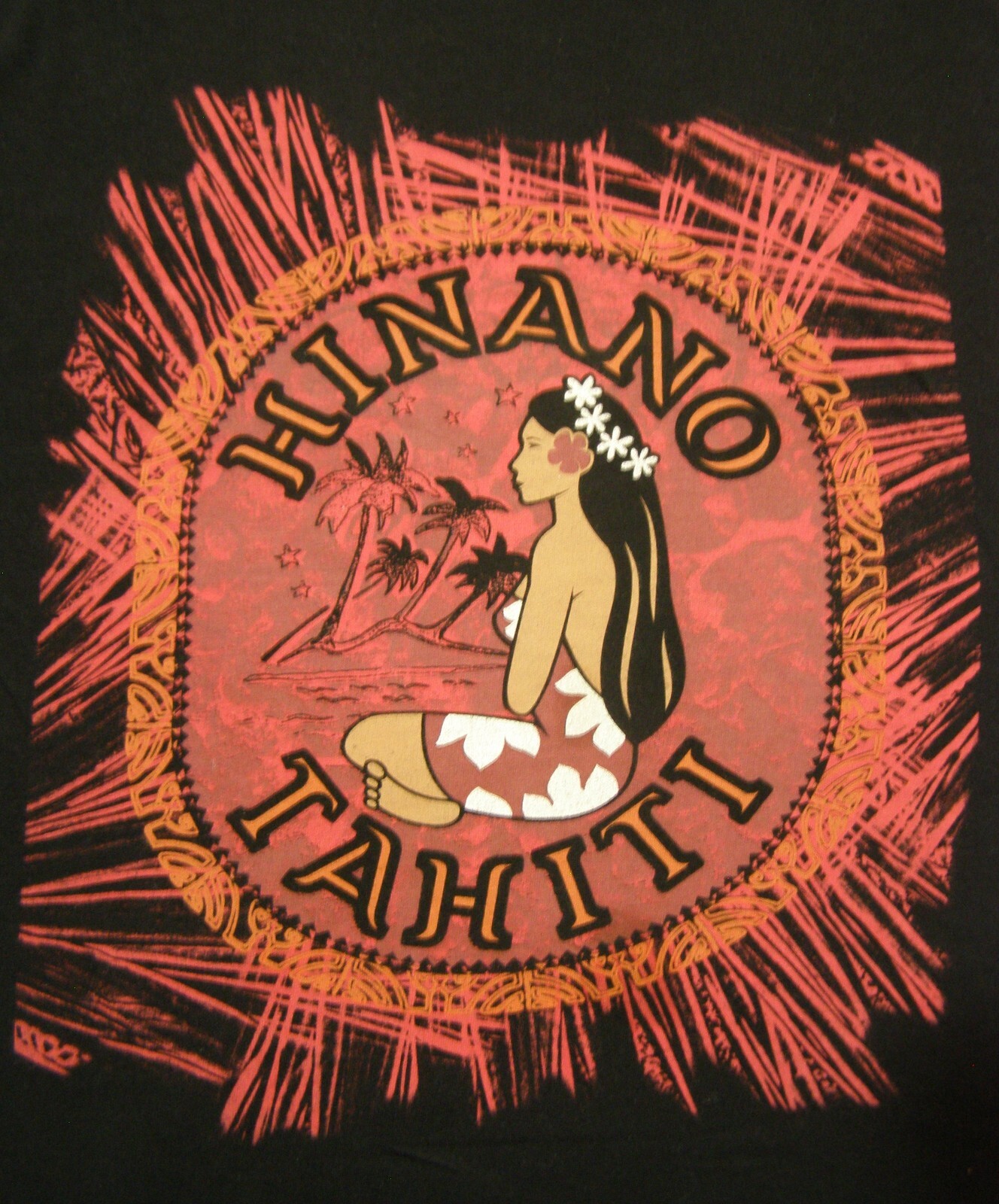 Hinano Tahiti Seated Island Girl T-Shirt Red Background Palms Black Shirt Size L