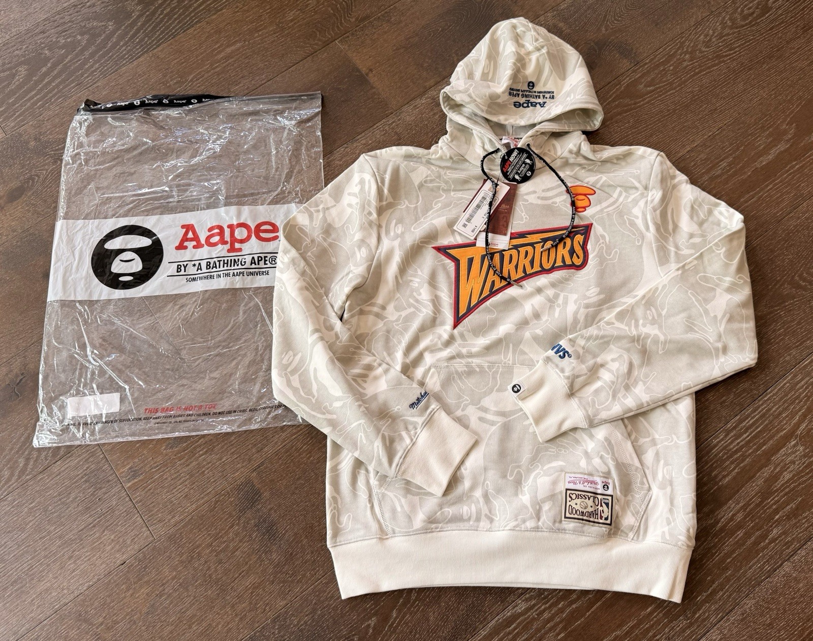 NEW Authentic Aape x NBA Mitchell & Ness WARRIORS Hoodie XL Bathing Ape BAPE