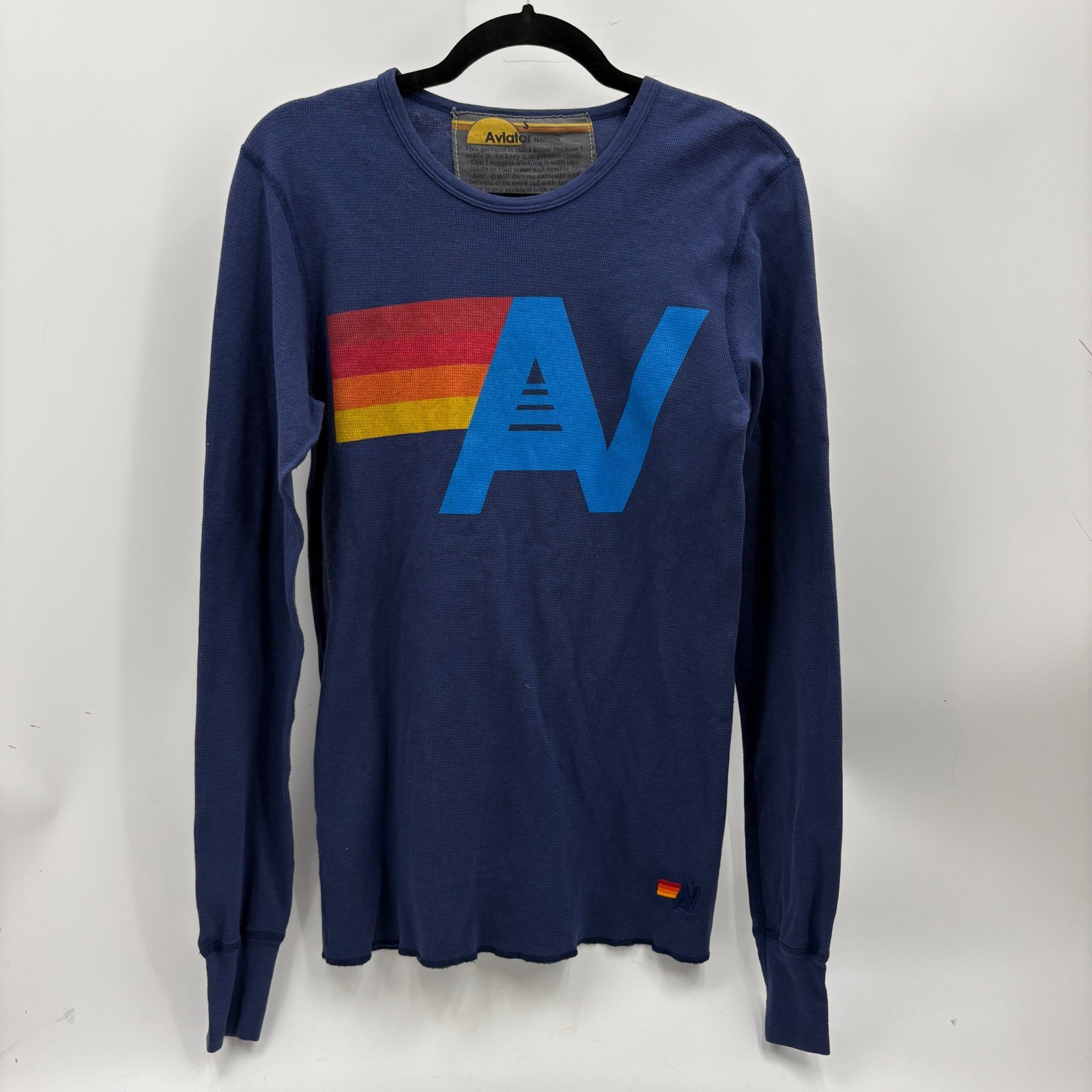 Aviator Nation Mens Long Sleeve Thermal Shirt Navy Blue Rainbow Logo Small