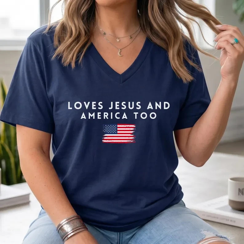 Jesus And America Too V-Neck T-Shirt Christian Patriotic Graphic Tee