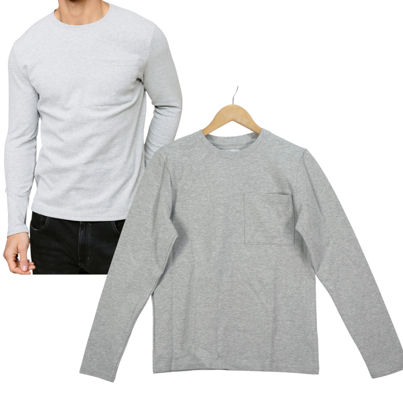 Raith Clothing Pocket T Shirt Tyler Long Sleeve Grey Marl Heavy Blend size S