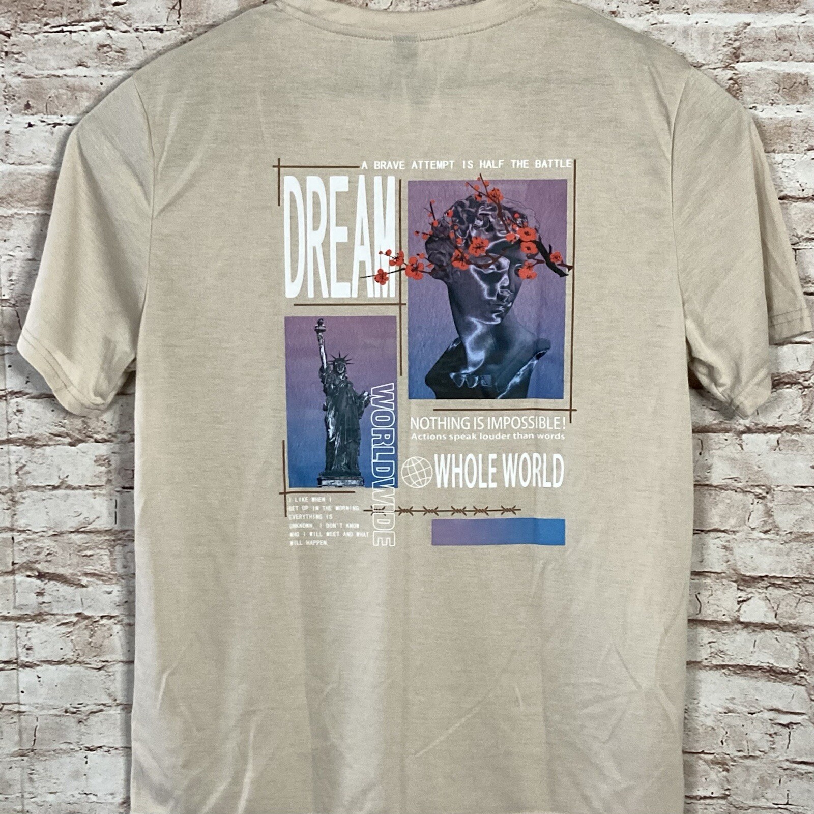 ROMWE Nothings Impossible Whole World Beige Large T-Shirt New Tee