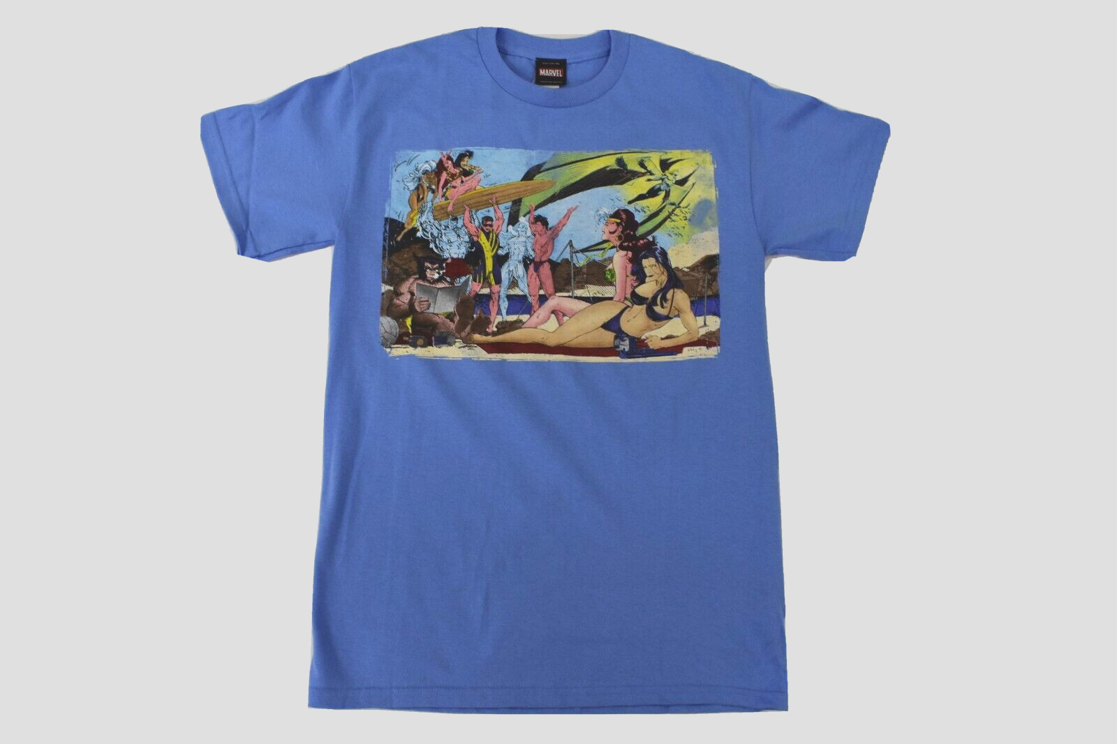 Marvel Mens X-Men Beach Party Cyclops, Wolverine Funny Blue Shirt NWT Small