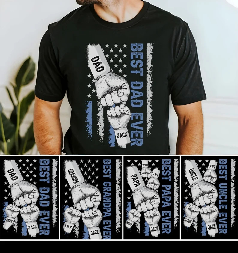 Personalized Dad Fist Bump Shirt with Kids Names, USA Flag Gift