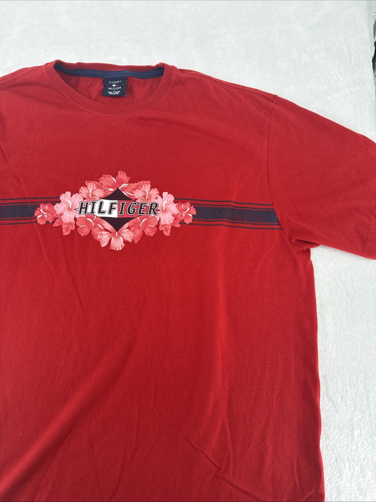 Vintage Tommy Hilfiger Y2K T-Shirt Men’s Large Floral Hibiscus Logo 100% Cotton