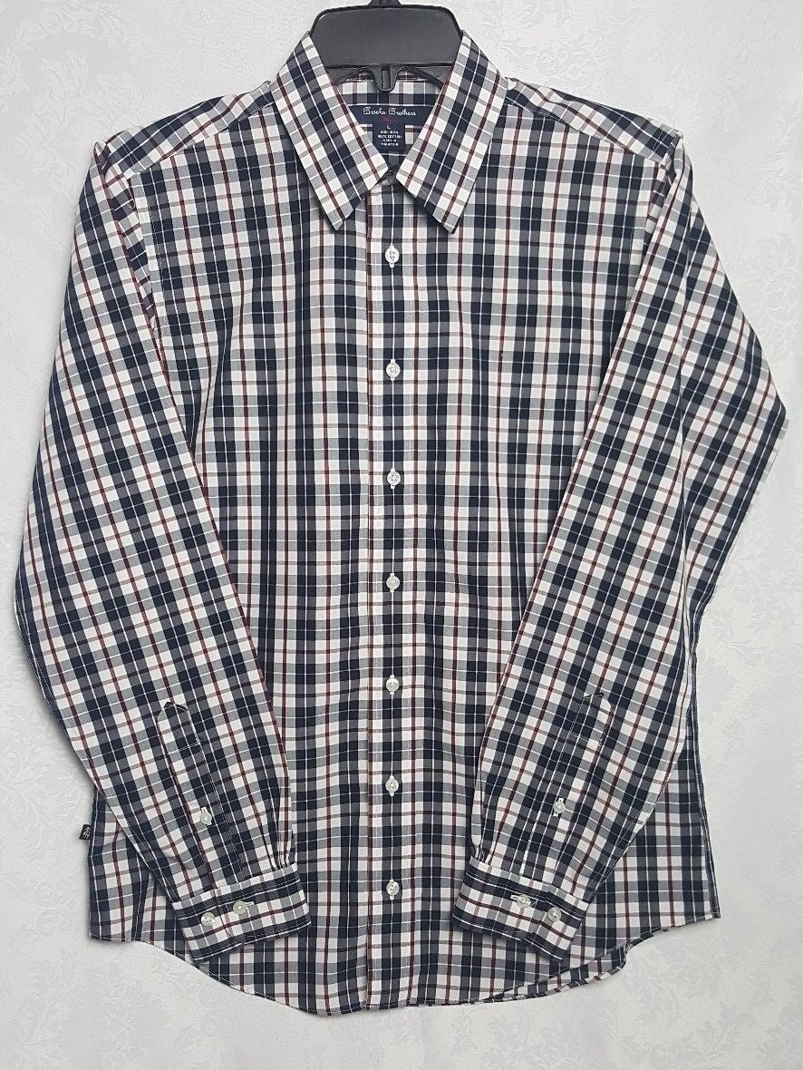 Brooks Brothers Men Shirt Blue/White/Red Plaid Botton Front Non Iron 100% Cotton