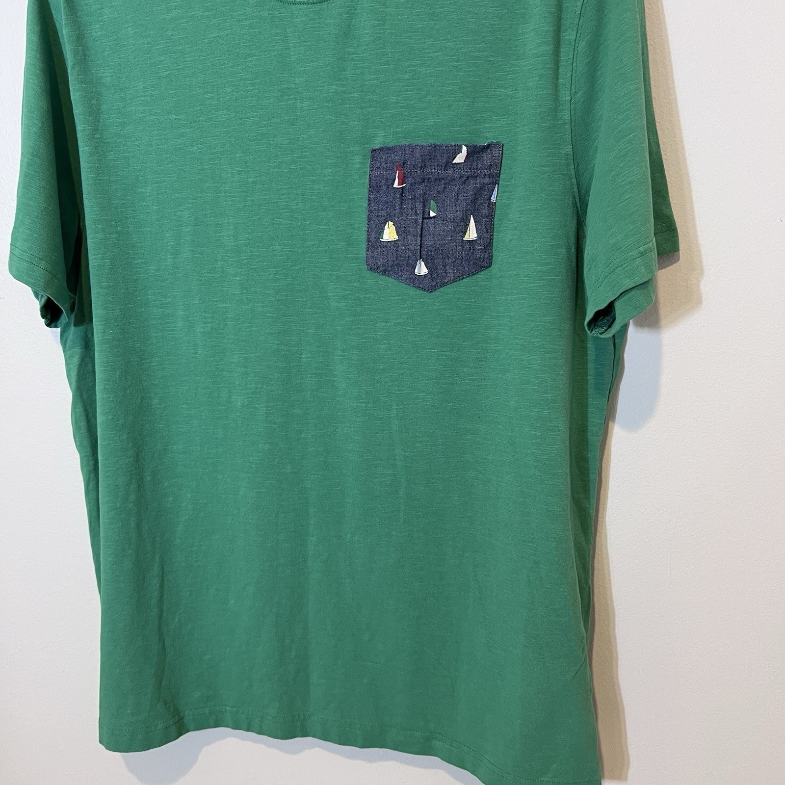 Sailboat Pocket Mens Soft Green Tee Summer Coastal Nautical Preppy Casual Large