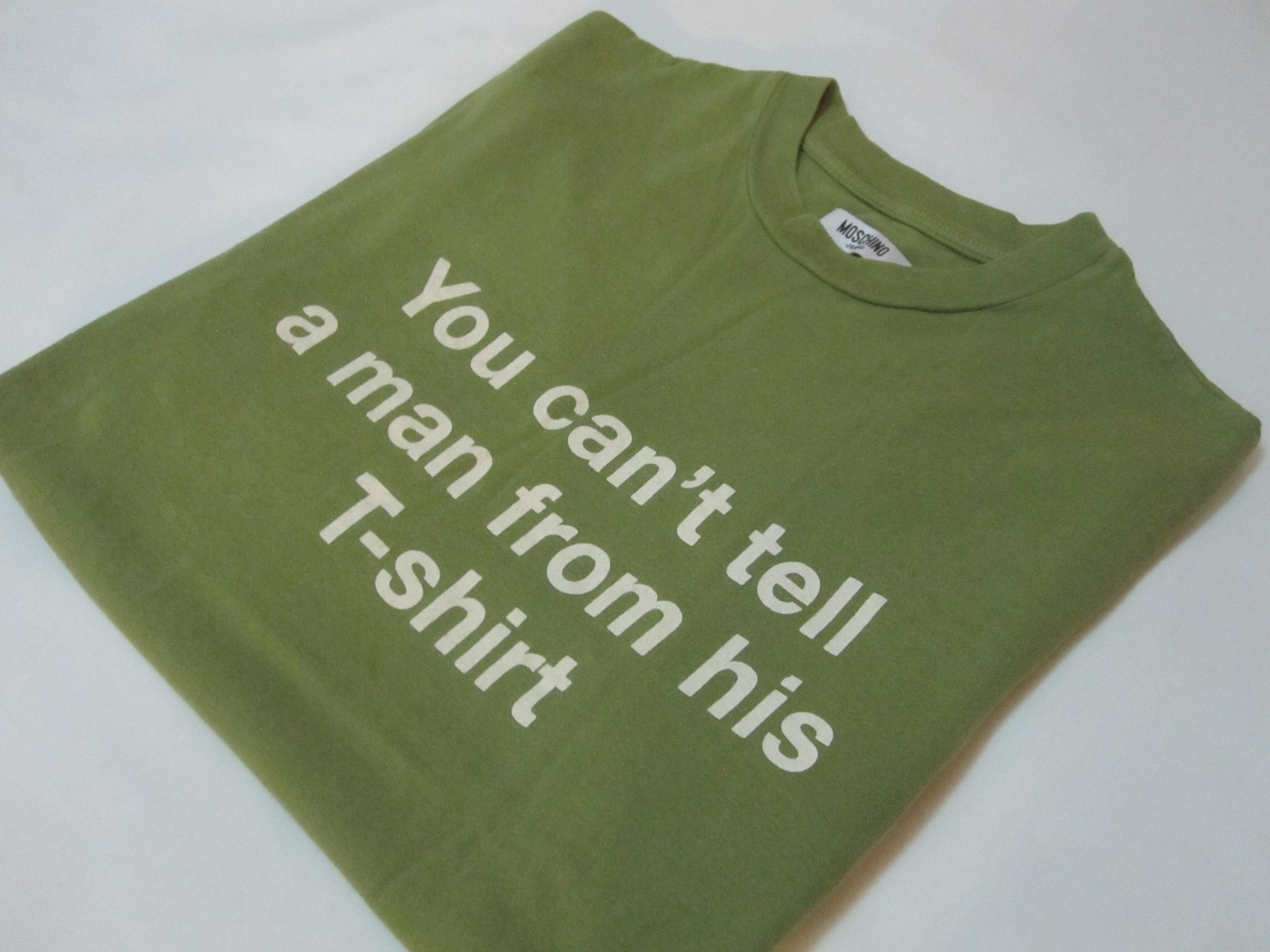 Vintage Moschino Jeans Graphic Quote Print Slogan T-Shirt (Olive Green | S)
