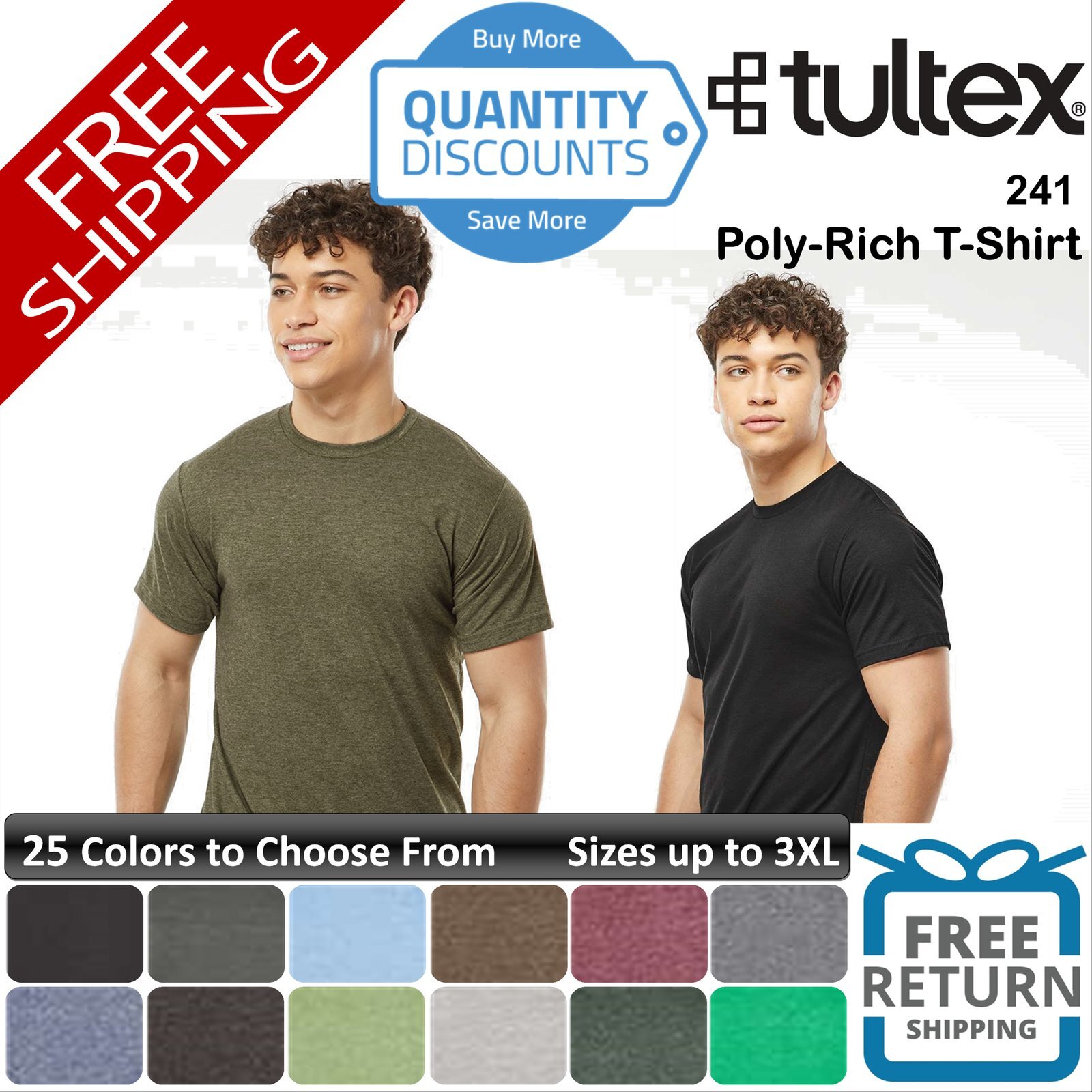 🔥 Tultex Men Poly-rich ringspun T-shirt Short Sleeve Top Up To 3XL 241