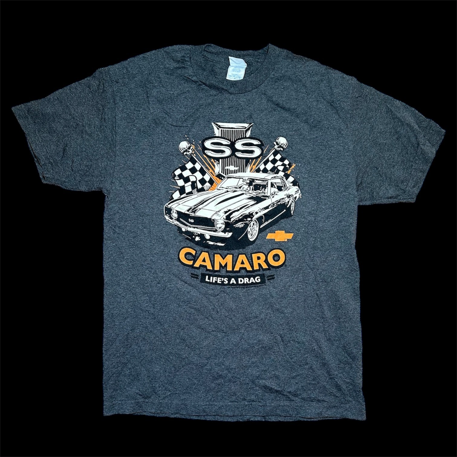 Camaro SS Men’s T-Shirt Size Large Gray 50/50 Cotton Poly “Life’s A Drag” print