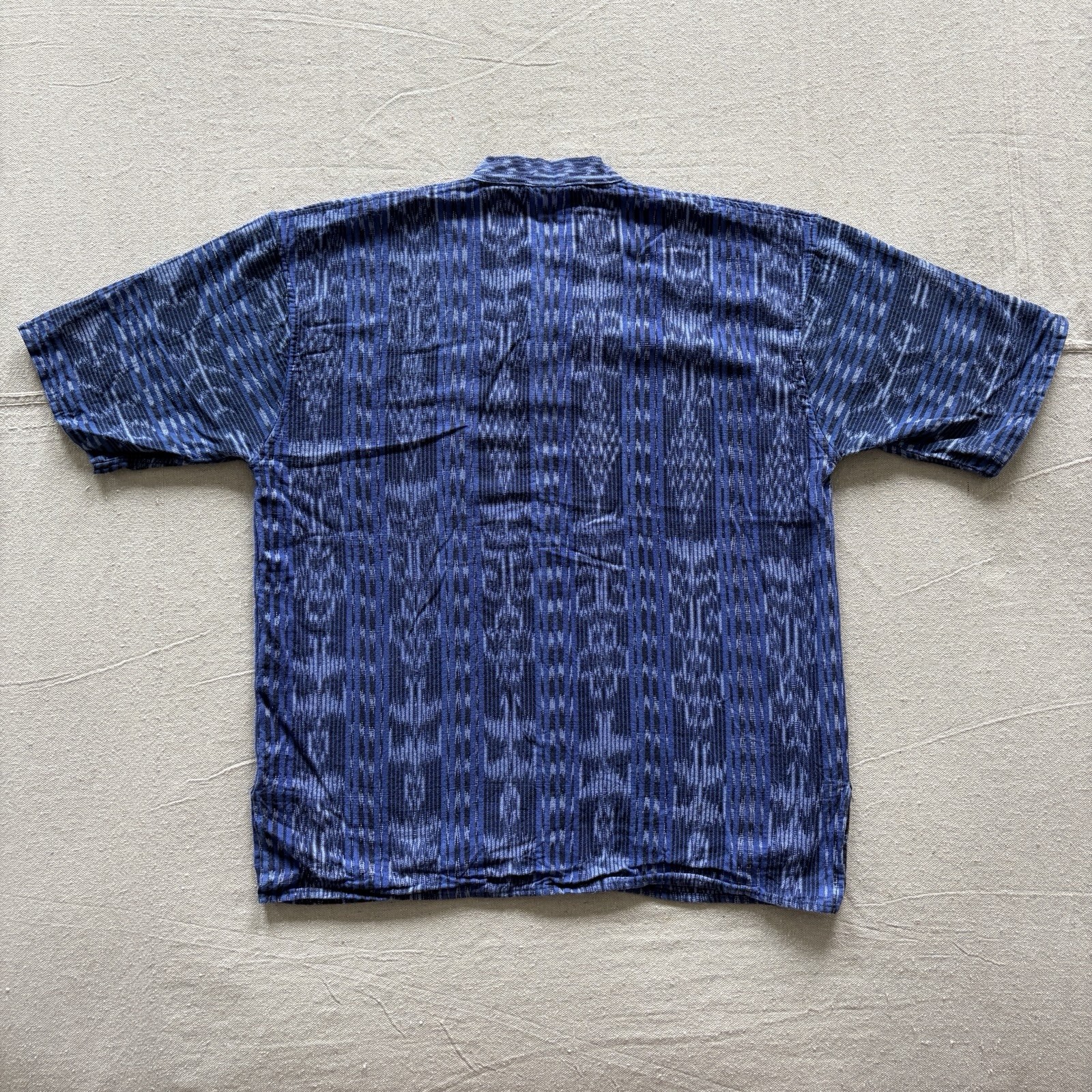 Guatemalan Ikat Collarless Henley Indigo Blue Shirt Men’s Medium M Women’s Large