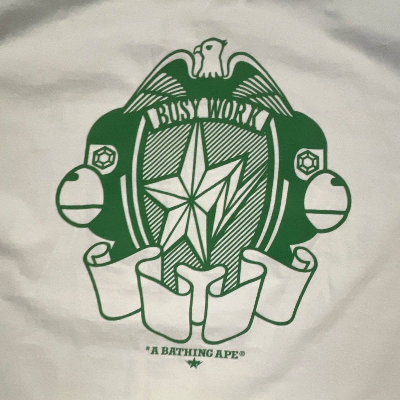 A Bathing Ape BAPE Busy Works White Green Logo Graphic T-Shirt Crew Neck XXL