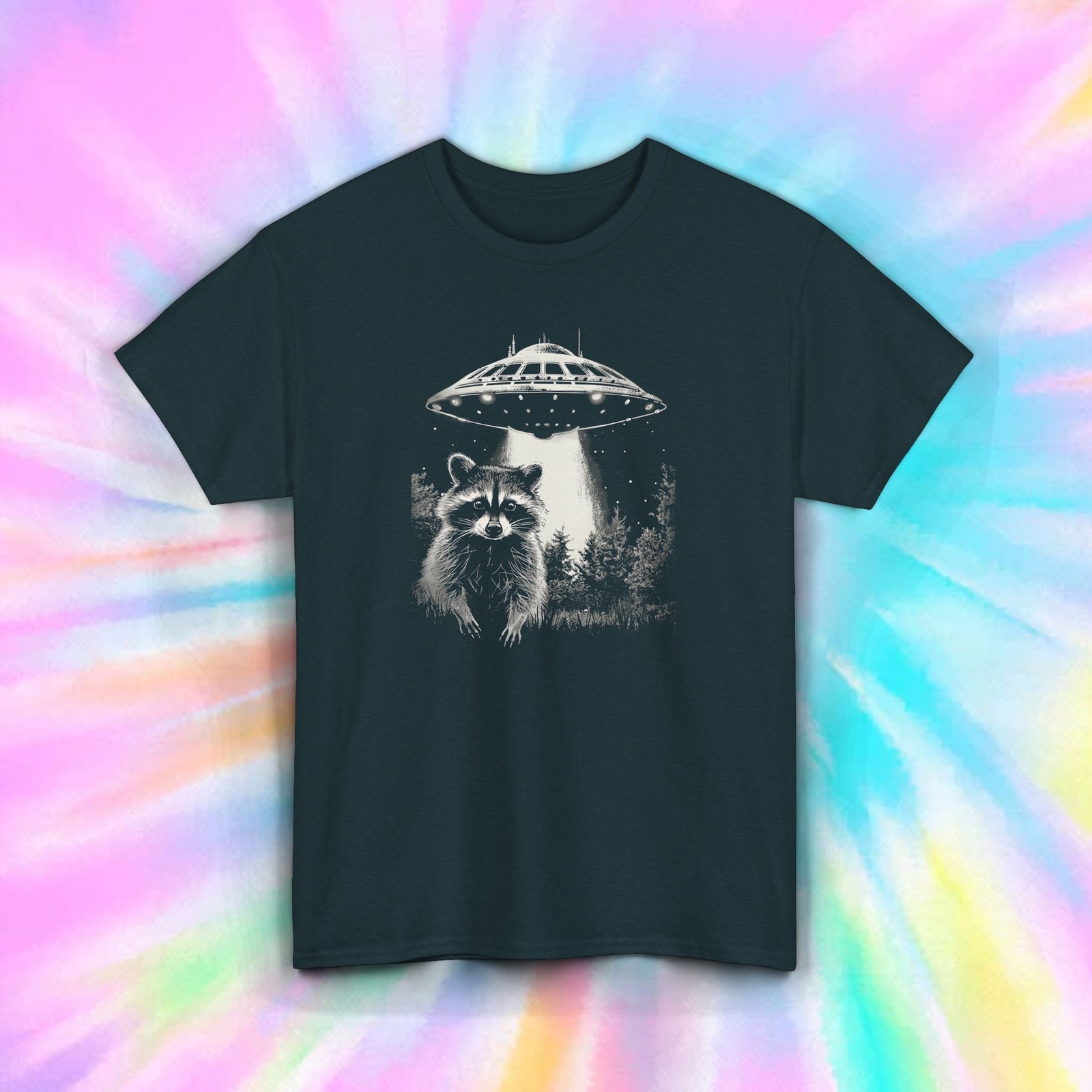 Alien Raccoon Shirt UFO Abduction Black and White Forest Tee S-5XL