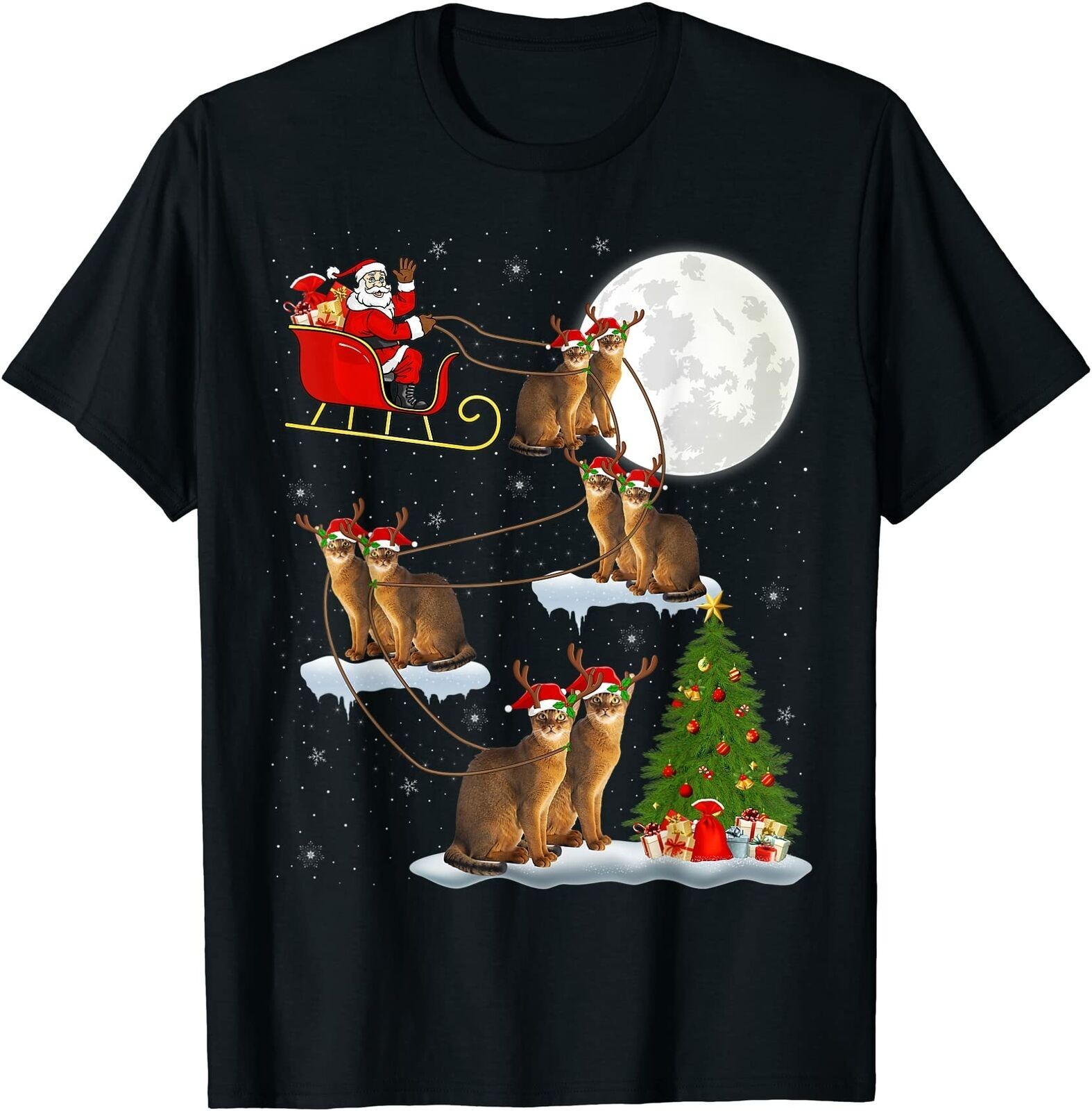 Xmas Lighting Tree Santa Riding Abyssinian Cat T-Shirt