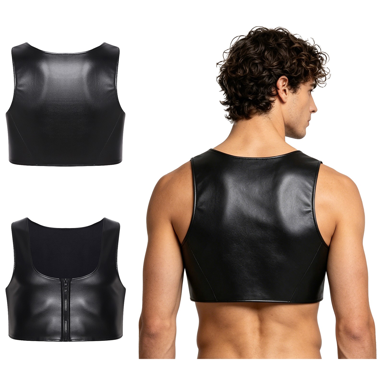 Mens PU Leather Tank Square Neck Zipper Sleeveless Matte Faux Leather Crop Top