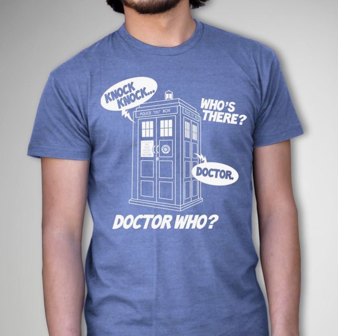 Doctor Who Tardis T-SHIRT Size L Funny Dr Who Knock Knock Joke Box #0098