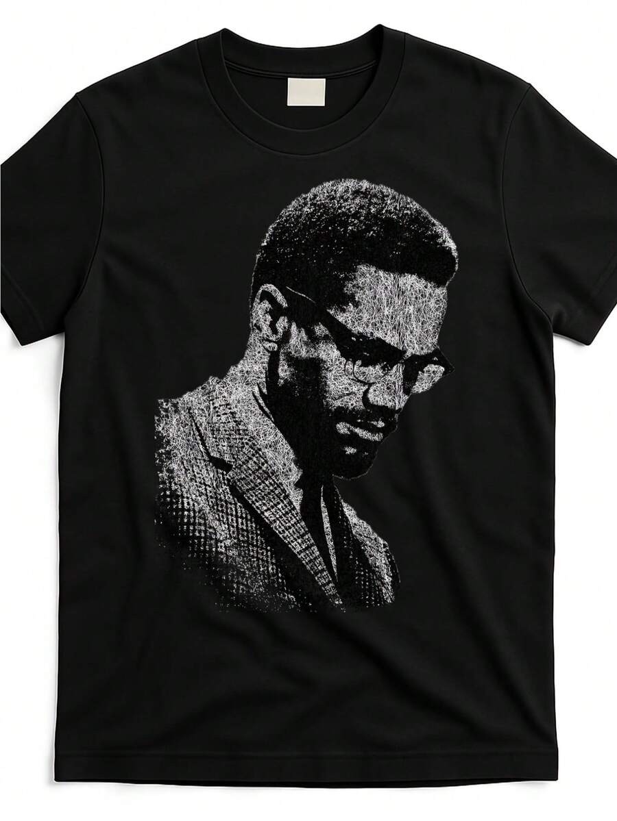 Men’S Graphic Tee-Malcolm X Black And White Portrait, Round Neck, Short Sleeves