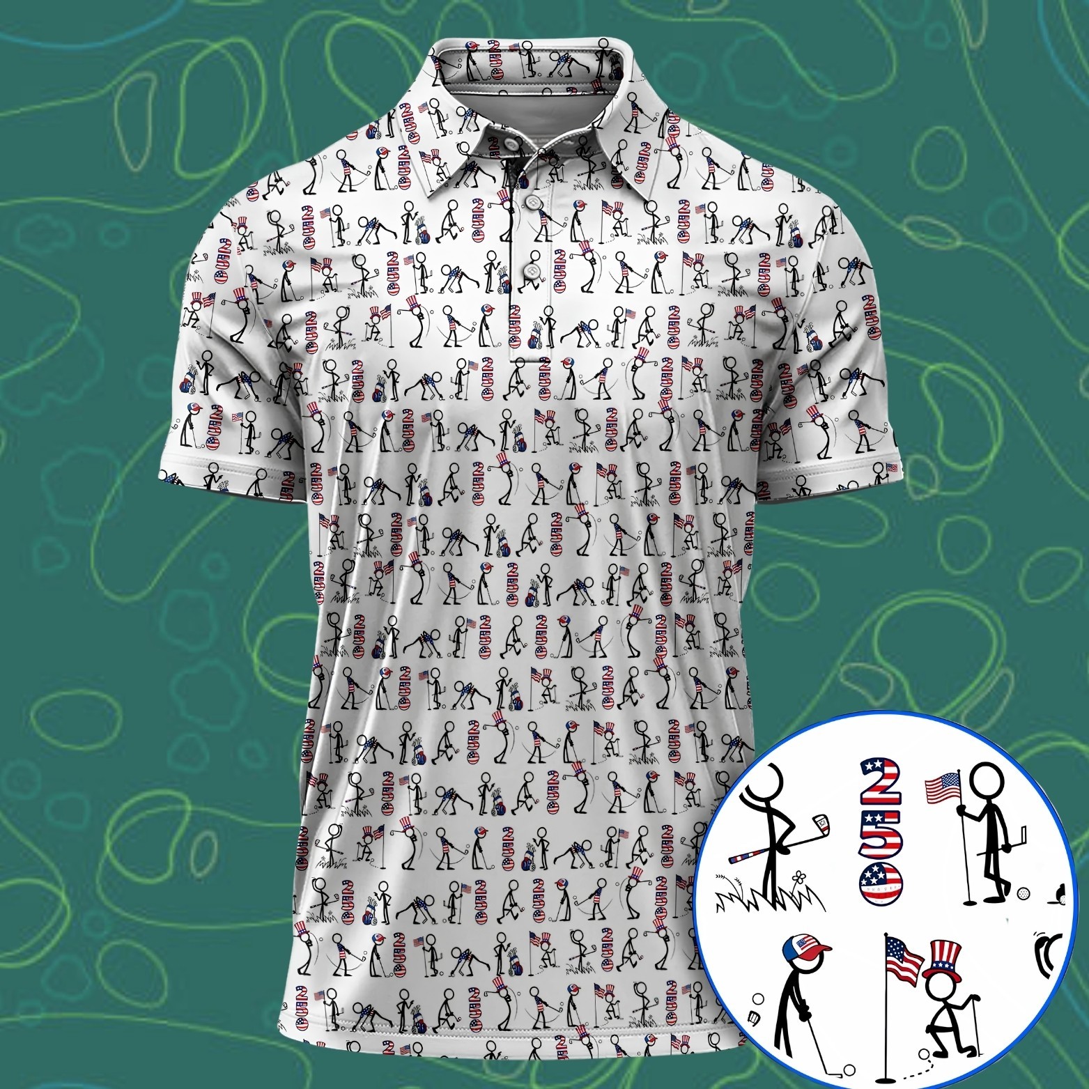 USA 250 Casual Patriotic Golf Shirt, 4th of July Stick Figure Golf Polo (S-5XL)
