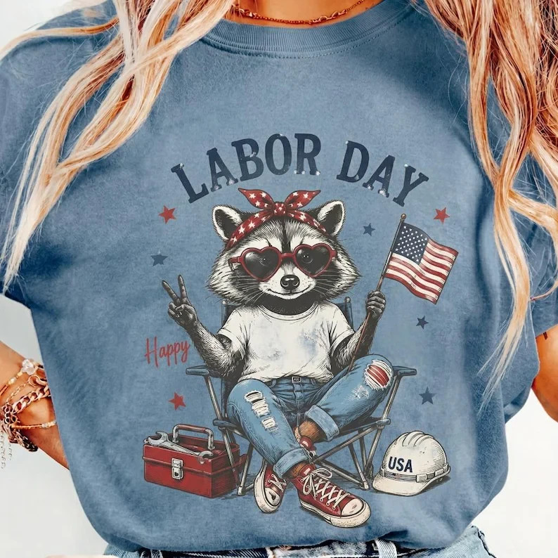 Happy Labor Day Shirt Cute Raccoon American Flag Patriotic Holiday Graphic Tee