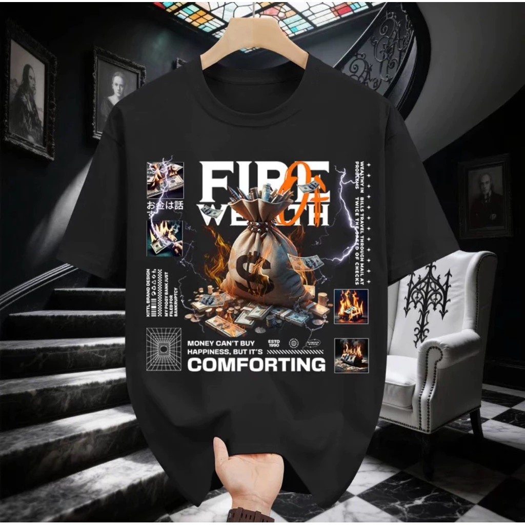 Fire Money Bag Dollar Graphic Streetwear Design T-shirt