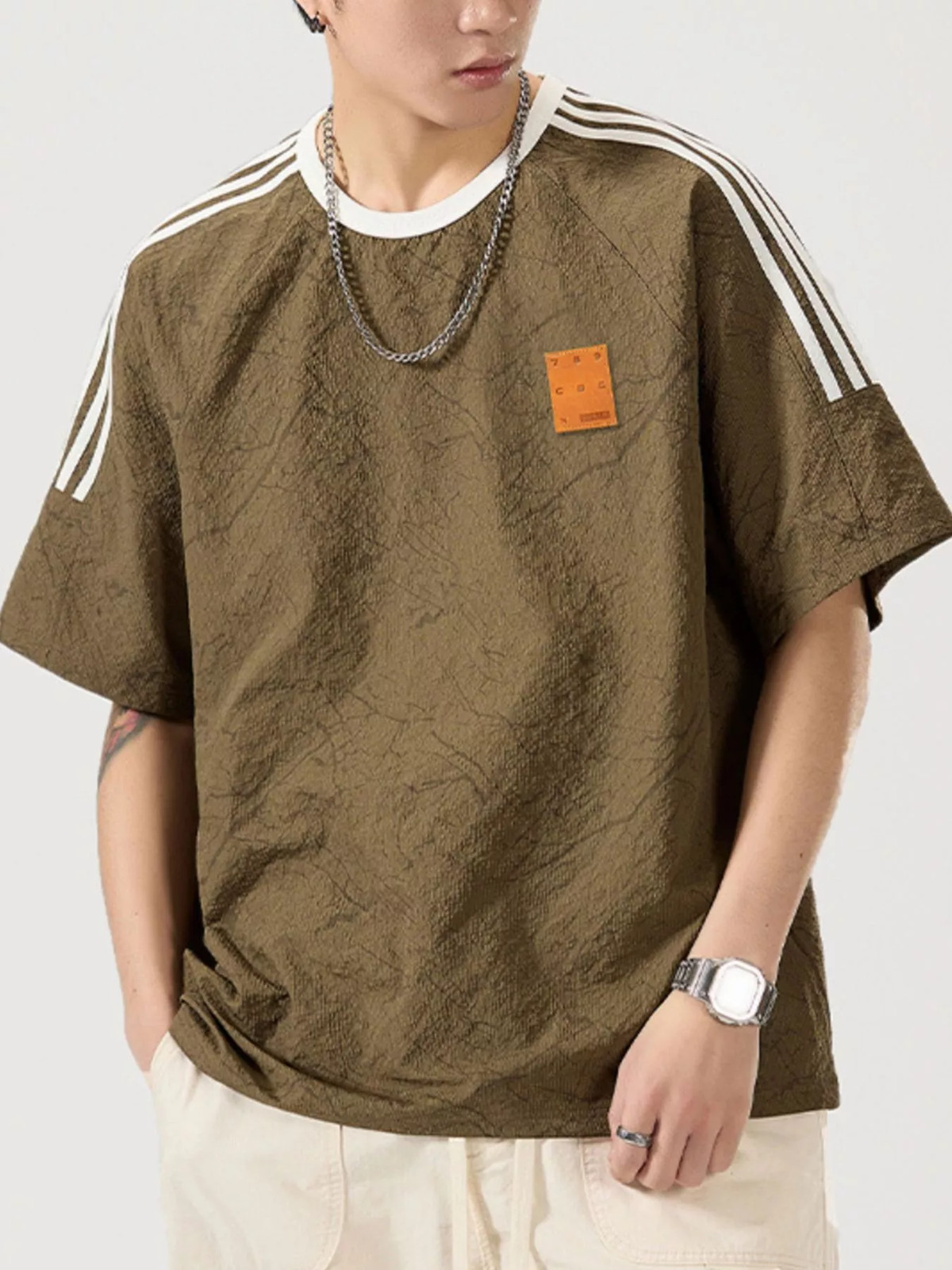 Men’s Full Size Striped Shoulder Relaxed Fit T-Shirt Plus Size